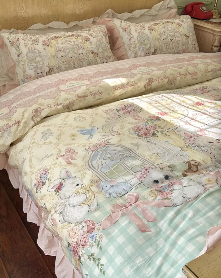 Cute rabbit strawberry cat bear bedding set single double,twin full queen cotton home textile bed sheet pillow case quilt cover