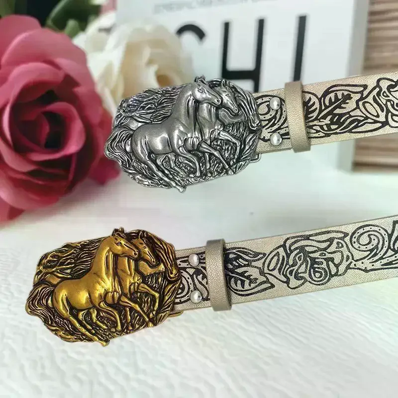 Double Horse Retro Metal Belt Buckle Western Cowboy Rope Buckle Accessory Unisex Smooth Buckle