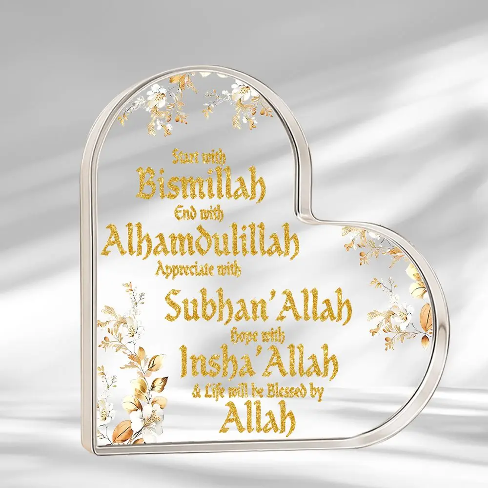 Gold Floral Islamic Dua Heart Acrylic Desk Decor, Elegant Golden Floral Spiritual Plaque for Muslim Home & Ramadan Gift