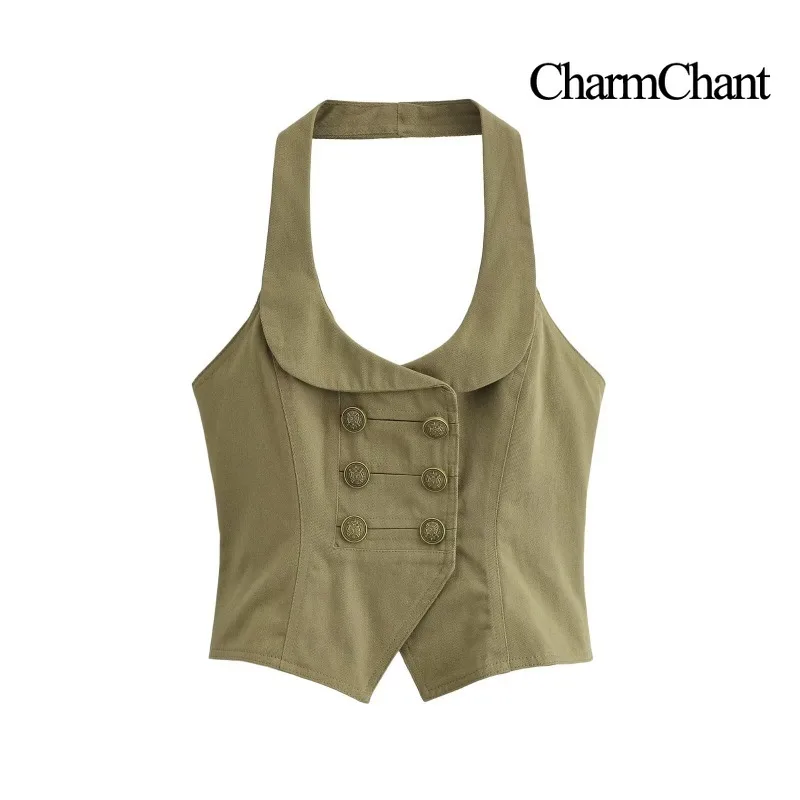 CHARMCHANT Women's Vintage Halter Neck Double Breasted Cropped Waistcoat Vest For Streetwear Daily Outing Summer 2026