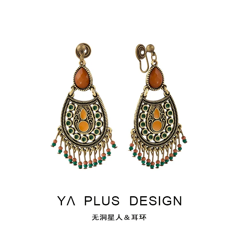 

Palace style retro long earrings, ethnic style temperament, personalized high-end earrings, ear clips without ear holes
