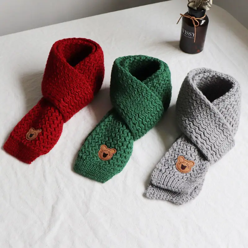 Winter Children Colors Soft Knitting Wool Thermal Scarf Boys Girls Lovely Outdoor Warmer Scarf Kids Solid Labelled Scarf