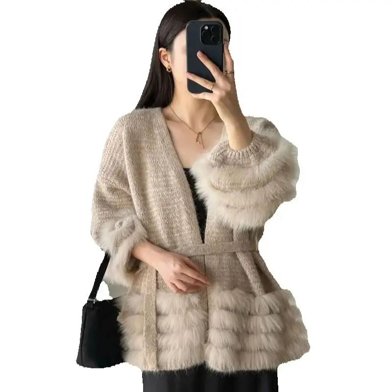 Warm Fleece Autumn 2025 New Style Gentle Loose Belt Fox Fur Gentle patchwork knitted cardigan sweater coat for women