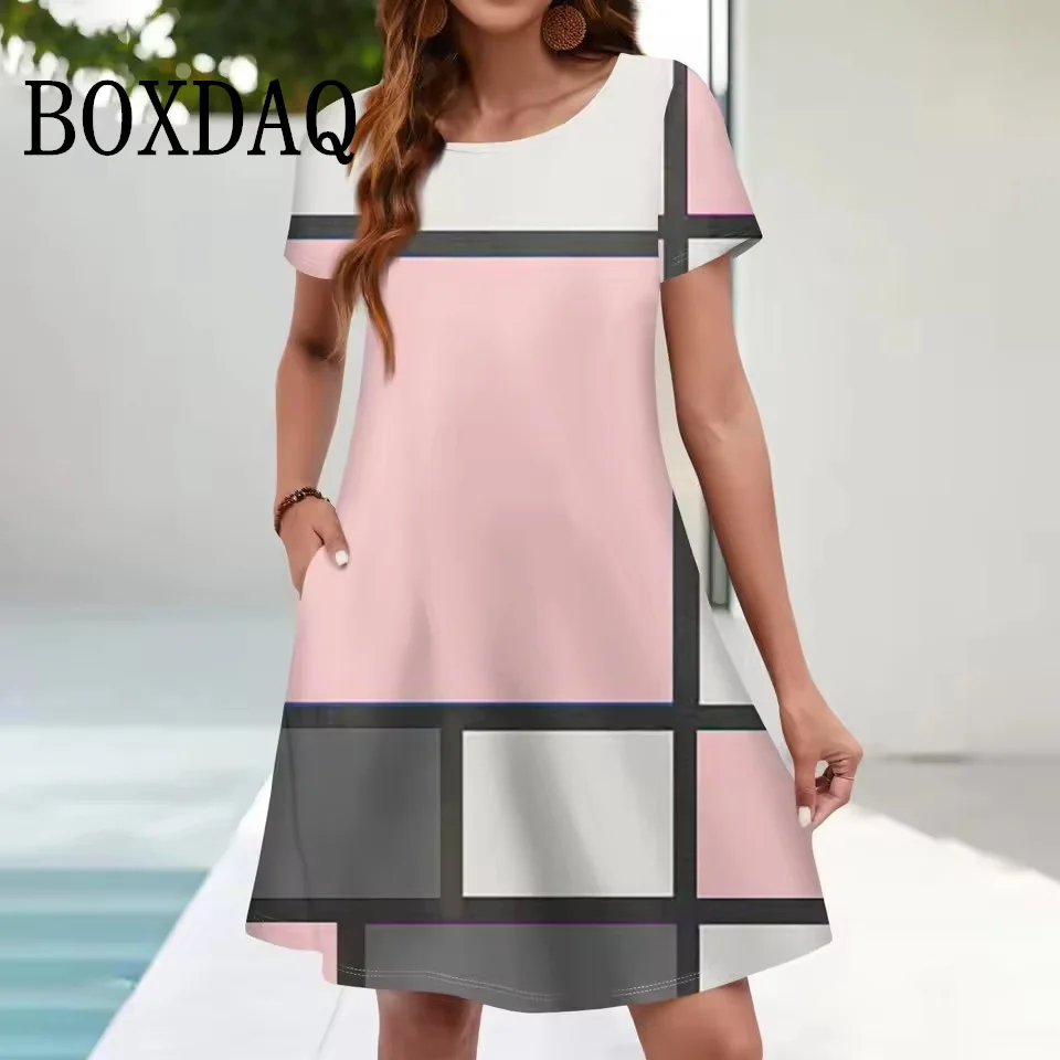 Summer Dresses For Women's Clothing Geometry Striped Short Sleeve Sundress Loose Pockets Casual A-Line Dress Vestidos Plus Size