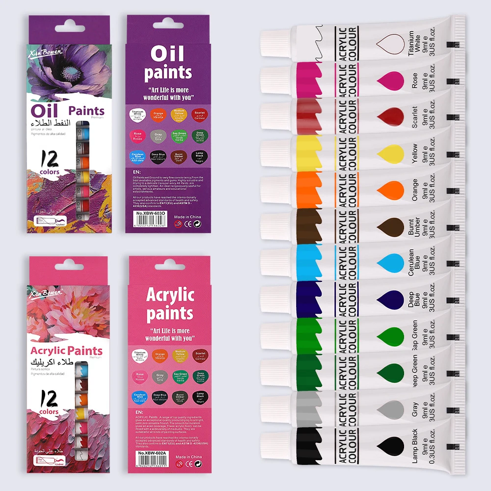 12 Colors Acrylic Oil Watercolor Paints Set in Tubes Academy Gouache Pigment for Artists Kids Beginners Painting Art Supplies