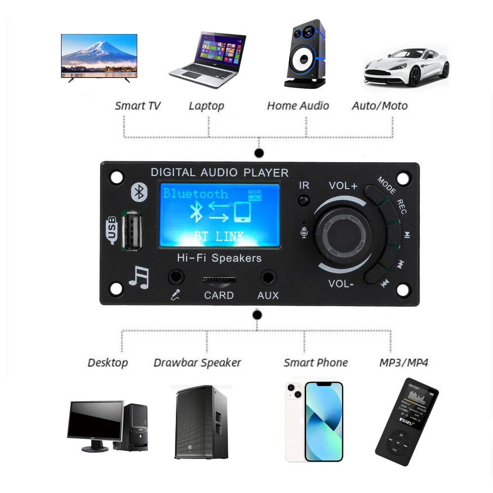 DC 12V Bluetooth 5.0 LCD MP3 WMA WAV Decoder Board Handsfree Car Audio Microphone Recording USB TF FM Mp3 Music Player Speaker