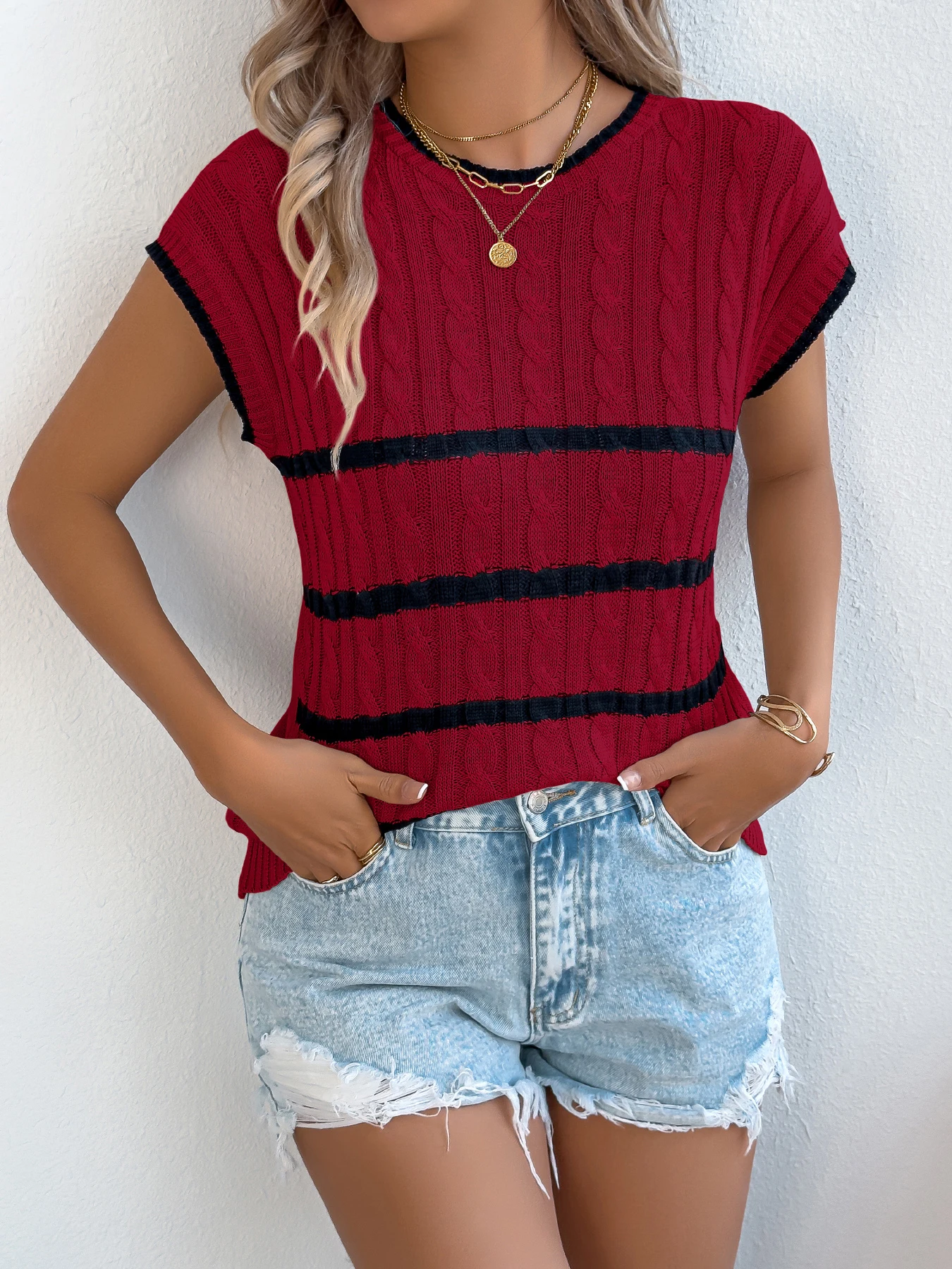 

Casual Knit Striped Pullover Woman 2025 Spring Summer Color Block Twist Round Neck Sleeveless Tops Fashion Street Wear