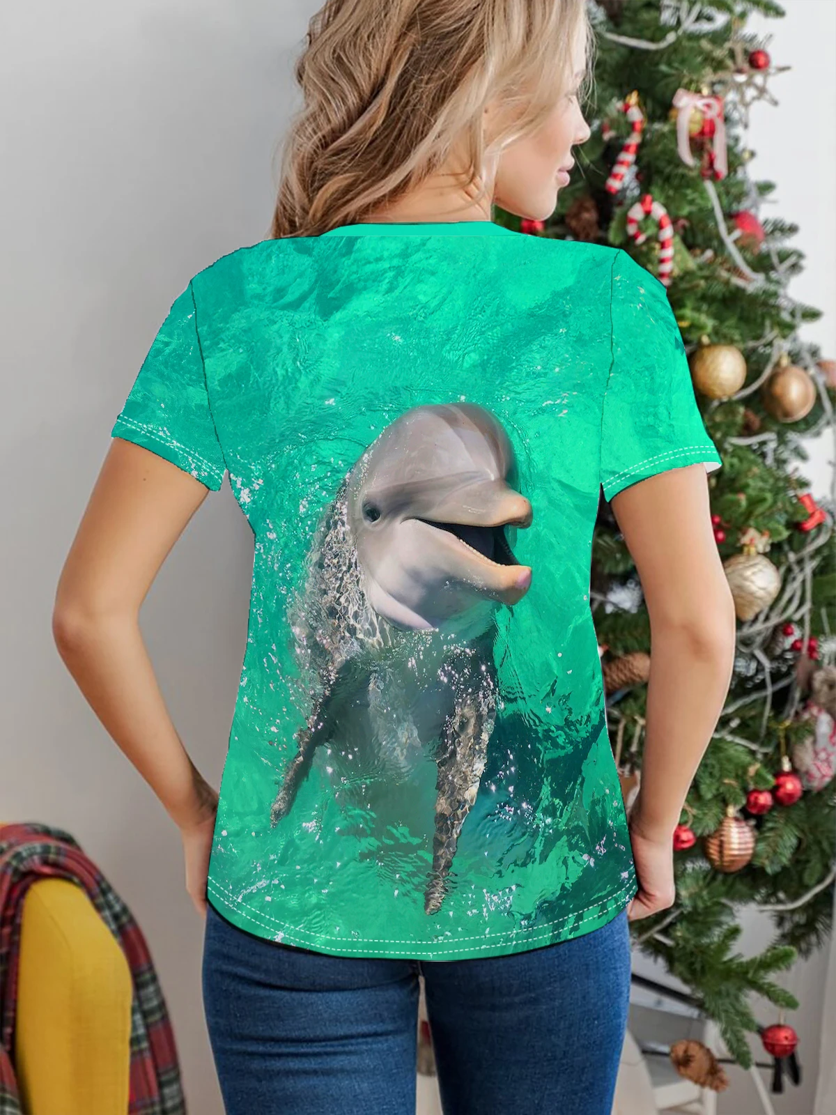 Dolphin Print Crew Neck T-Shirt Casual Short Sleeve Top For Spring & Summer Women\'s Clothing