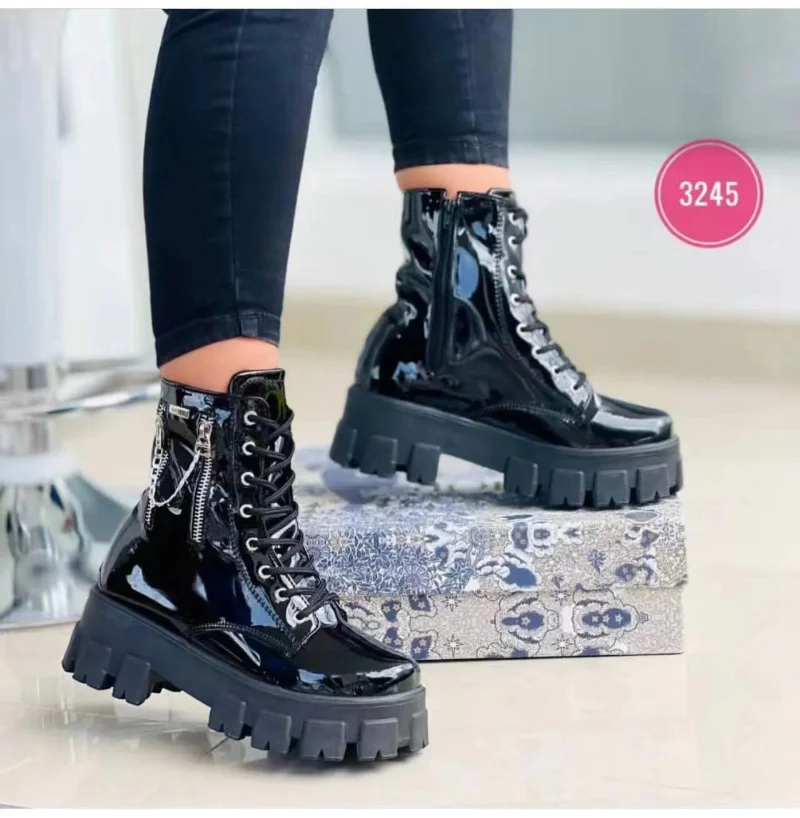 2023 Winter Trend Women\'s Boots Patent Leather Zipper Warm Punk Gothic Combat Boots Lace Up Sports Casual Thick Sole Biker Boots