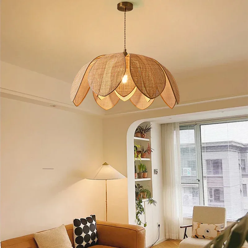 Petal Shape Pendant Light Chinese Style Handmade Rattan Lamp Designer Petal Lampshade Minimalist Living Room Dining Room Lamps