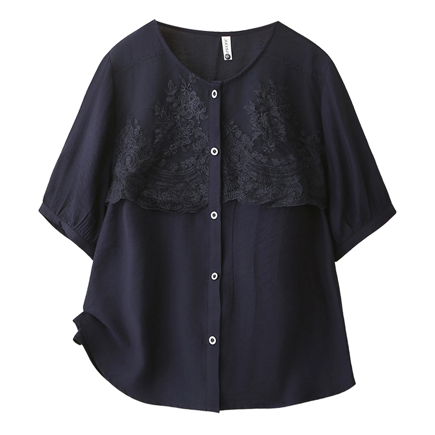 2026 Summer Plus Size Embroidery Spliced Open Blouse Round Neck Short Sleeve Elegant Daily Versatile Shirt Curvy Ladies 2620