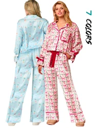 Ensembles de pyjama assortis à manches longues pour femmes, chemises de salon, père Noël des années 90, nœud rose, décontracté, Y2K, 2 pièces