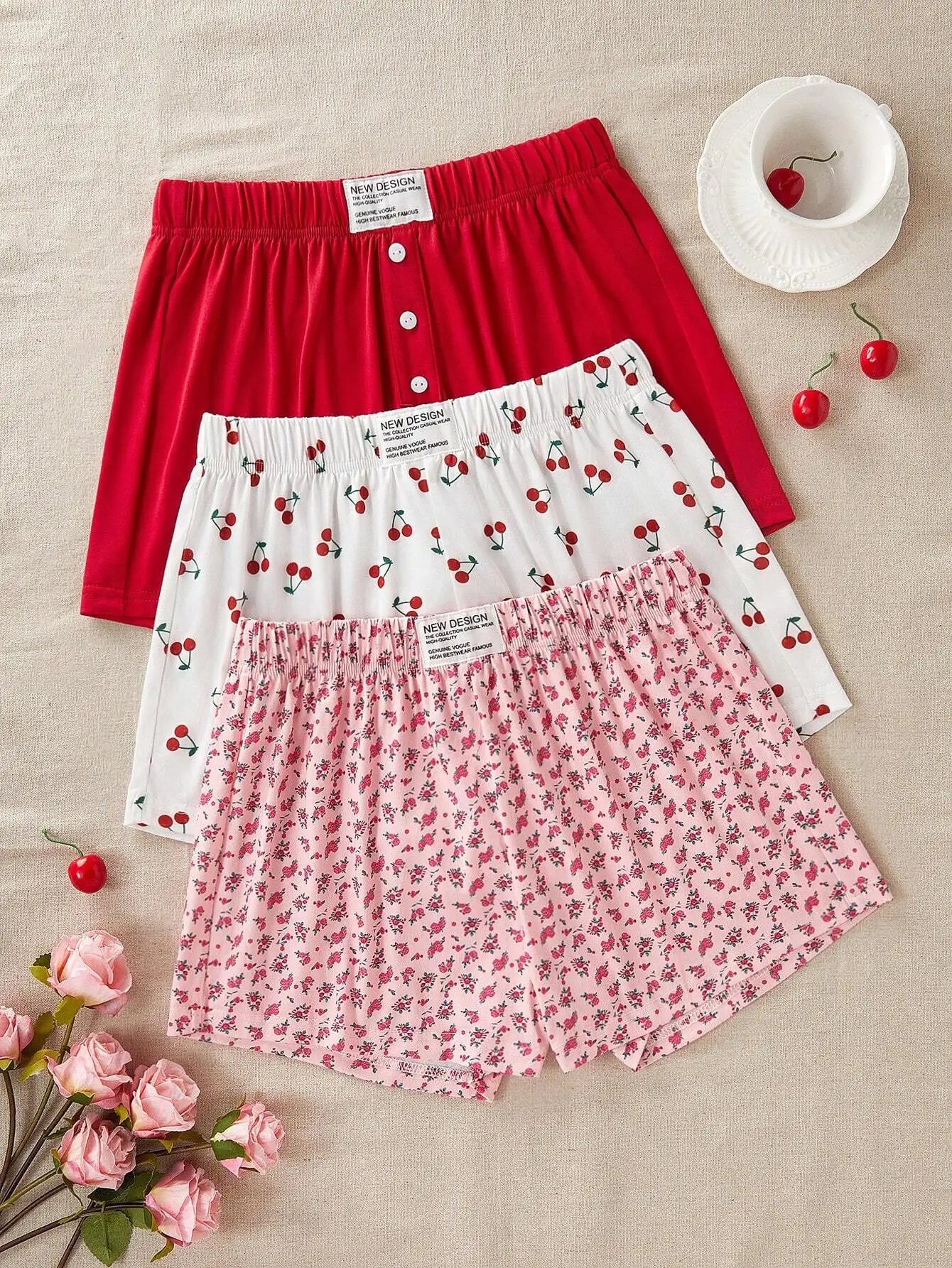 

Women's Floral & Cherry Print Pajama Shorts with Elastic Waistband, Casual Sleepwear