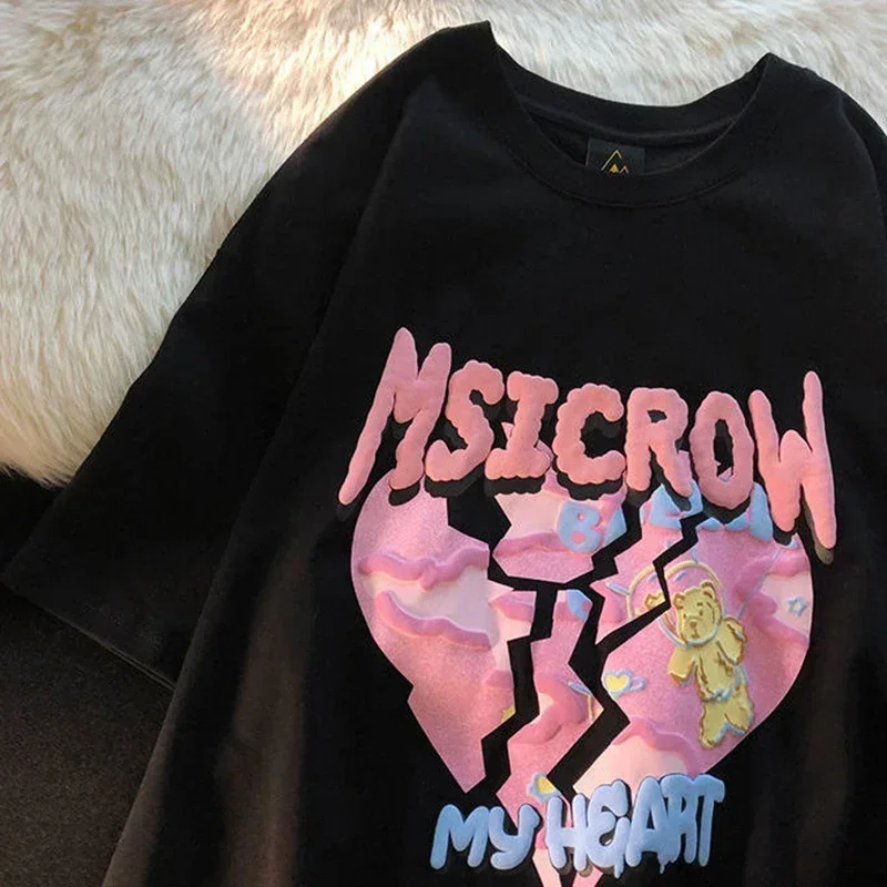 الأمريكية الحب إلكتروني طباعة تي شيرت الصيف النساء لطيف القلب قصيرة الأكمام الجرافيك Harajuku تي شيرت غير رسمي Harajuku تيز القمم