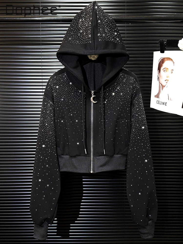 

Shiny Rhinestone Heavy Industry Zipper Hoodies Women Autumn New Fashionable Personality Loose Slimming Black Short Hoodie Female
