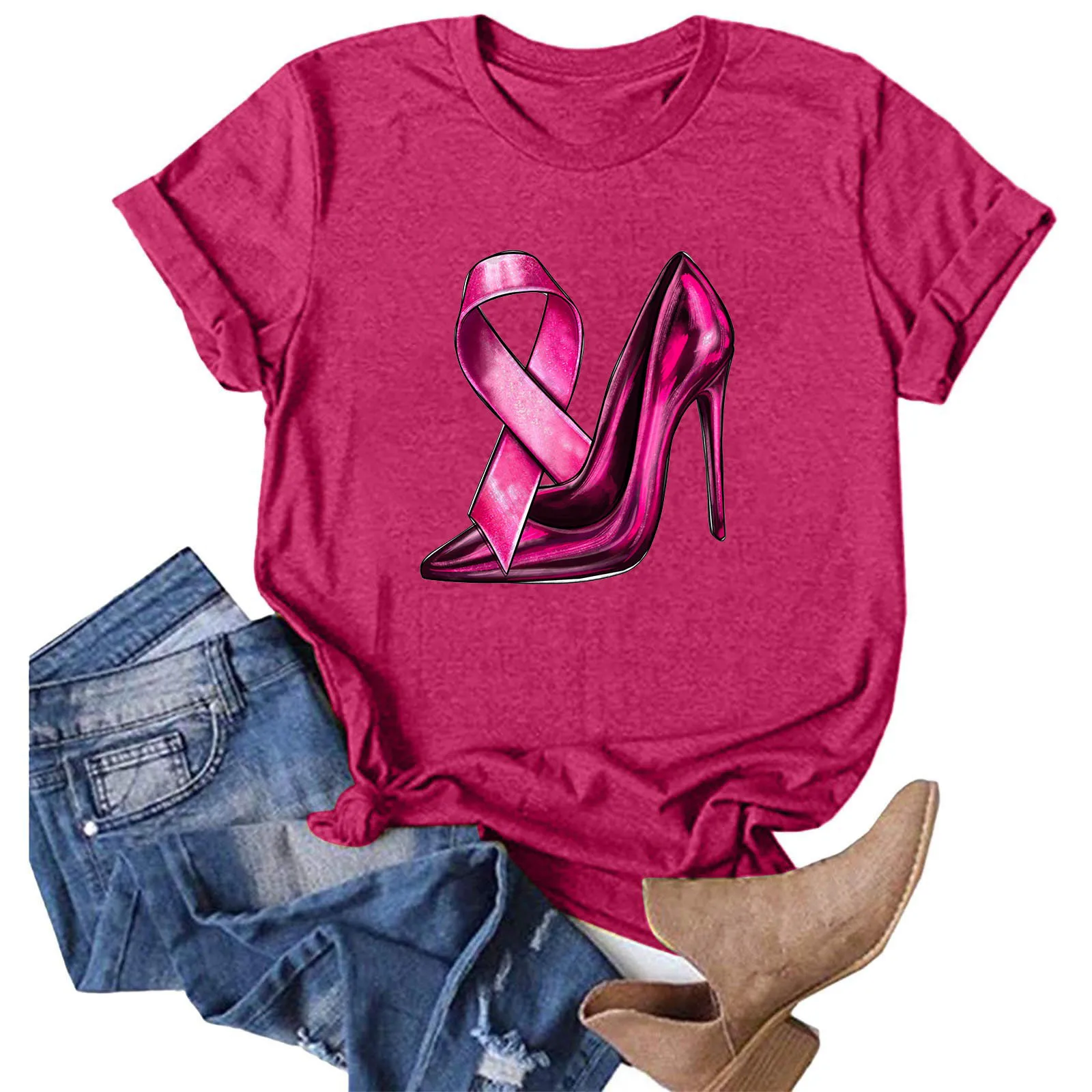 Womens October Pink T-Shirt Breast Cancer Awareness Graphic T Shirts Round Neck Short Sleeve Female Tees Cancer Du Sein