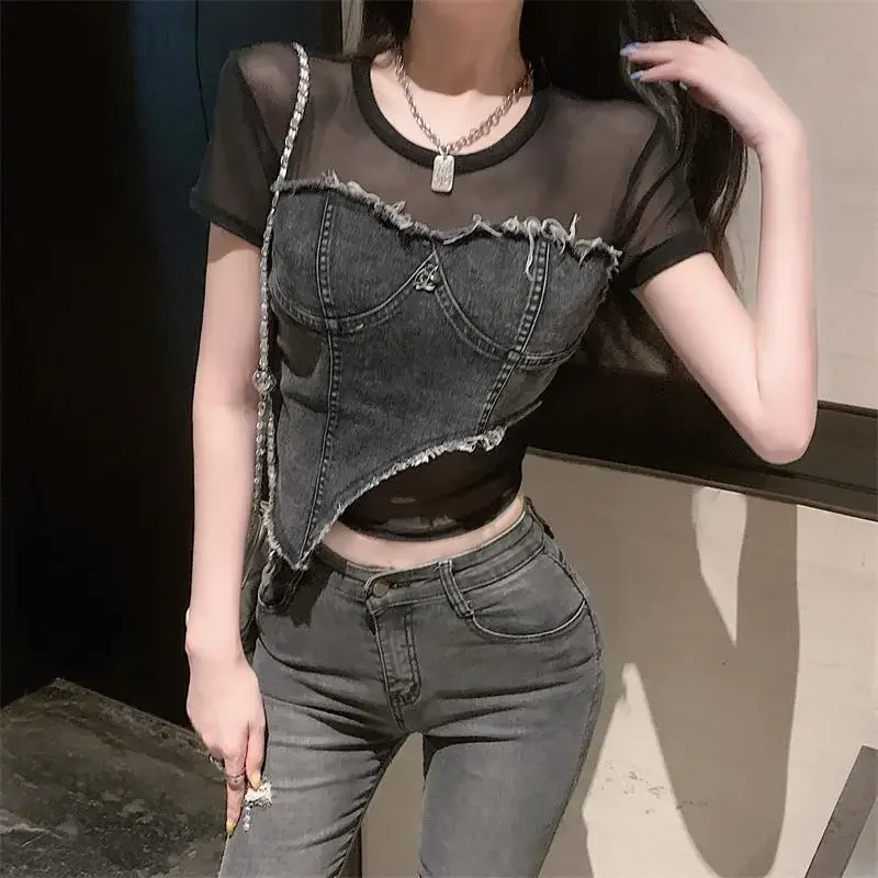 Été Newspicy Girl Denim Patchwork T-shirt irrégulier femmes coupe ajustée conception à manches courtes haut Vintage