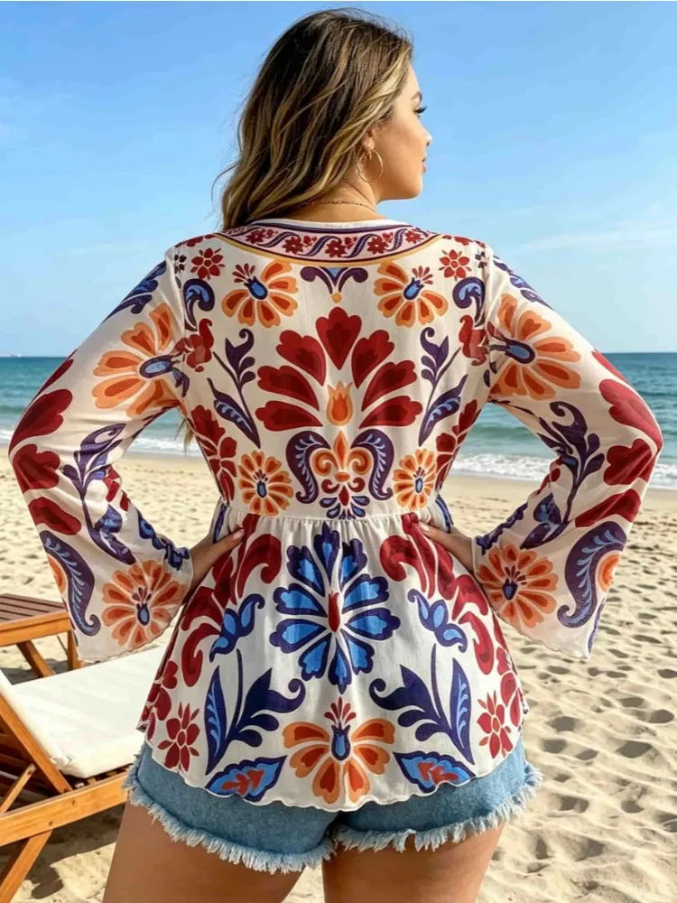New Fashion V Neck Printed Cover Up Vacation Summer Plus Size Women's Blouse Beach Flare Sleeve Mesh Semi-sheer Loose Fit Shirt view 4