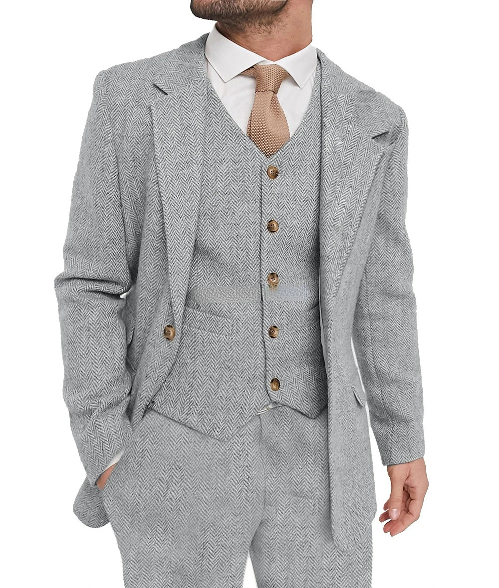 Gray Herringbone Wool Tweed Men Suit for Winner 3 Piece Notched lapel Wedding Groomsmen Tuxedos Slim Male Suit Blazer+Vest+Pants