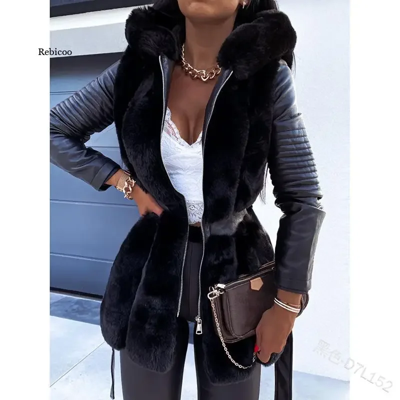 Women Coats Warm Rabbit Faux Fur Fashion Slim Hooded Jackets Women Elegant Tie Belt Leather Fur Coats Parkas Female Winter