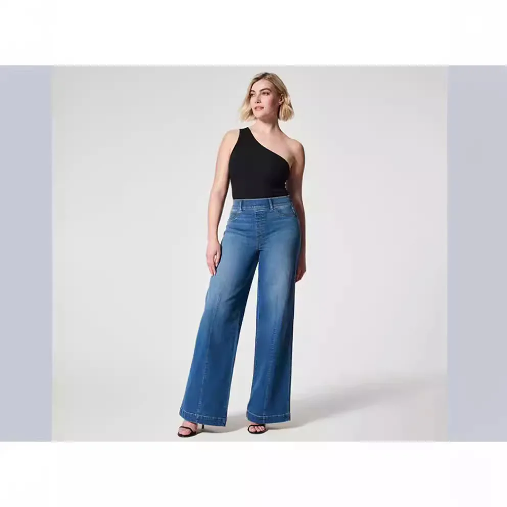 

SS25 Solid Color Jeans Women European Mid Rise Straight Leg Pants Relaxed Fit Soft Stretch Minimalist Trousers Spring and Autumn