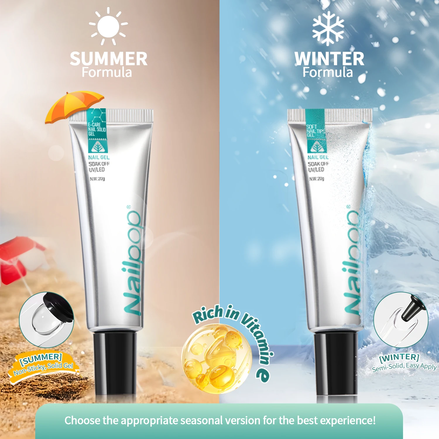 

Nailpop Nail Tips Gel - SUMMER Solid/WINTER Liquid - Vitamin E Super Strong Gel Glues 20g False Nails UV Lamp Curing Needed