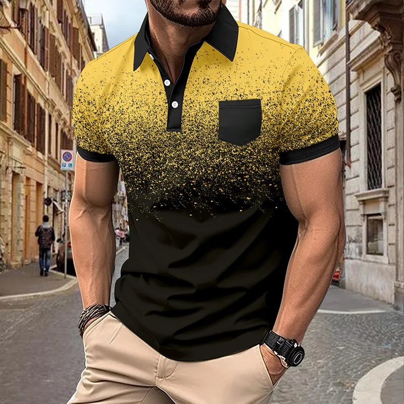 GZMS-Ins-Men's Printed Dots Gradient Polo Shirt with Zipper, Summer Pocket, 2022