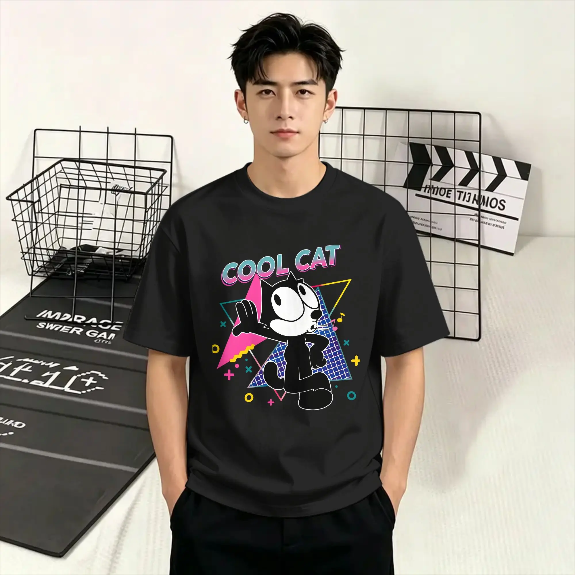 Casual F-Felixs Black Cat T-Shirt Men O Neck 100% Cotton T Shirts Cool Cat 80s Short Sleeve Tees Classic Tops