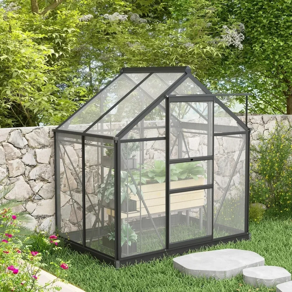 6' x 4' x 6.5' Polycarbonate Greenhouse, Heavy Duty Outdoor Aluminum Walk-in Green House Kit with Rain Gutter, Vent and Door for