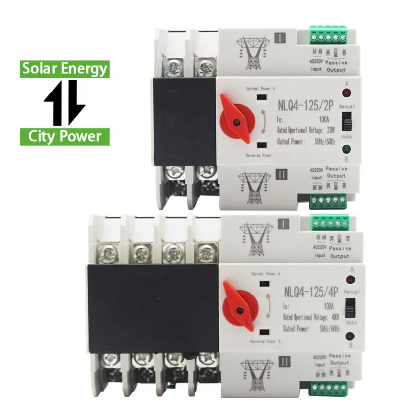 Din Rail ATS for PV and Inverter Dual Power Automatic Transfer Selector Switches Uninterrupted Power 2P 4P AC220v 63A 100A 125A