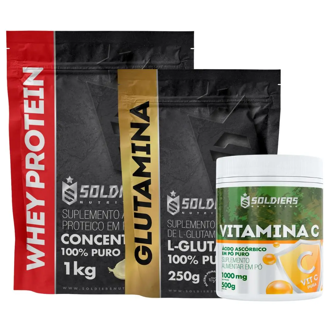 Kit: Whey Protein Concentrate 1Kg + Glutamine 250g + Vitamin C Powder 500g - 100% Imported-Soldiers Nutrition