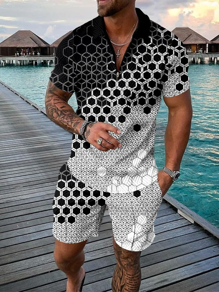 Men's Polo Sets Short Sleeve Lion Beast Pattern Polo Shirt Shorts 2pcs Tracksuits Man V-neck Zipper Bussiness High-end Suit