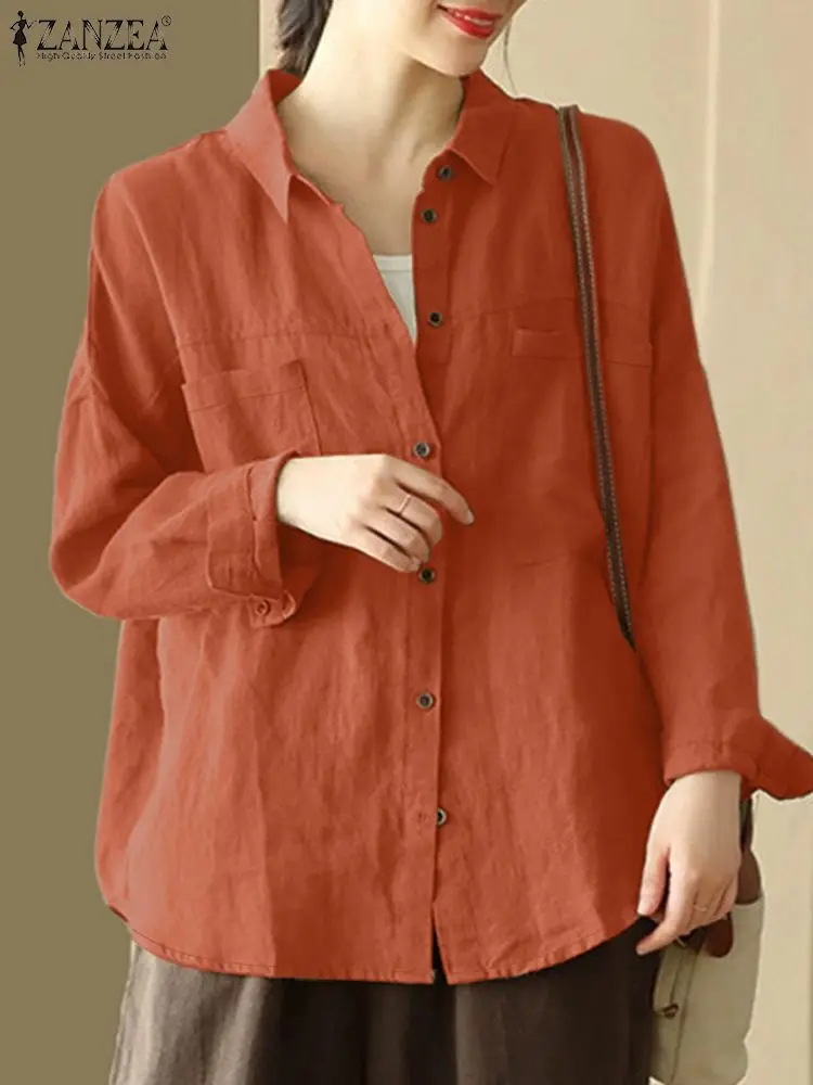 2024 ZANZEA Women Autumn Vintage Shirt Casual Lapel Neck Long Sleeve Cotton Blouse Fashion Solid Loose Work Blusas Female Tops