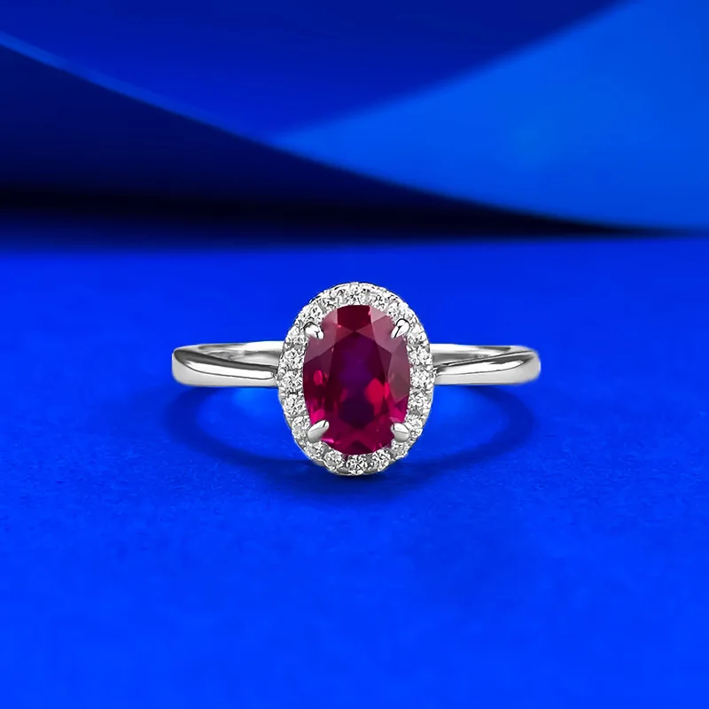 S925 Silver Ring 5 * 7mm Elliptical Dove Blood Red Royal Blue Zircon with Aperture Elegant and Atmospheric Jewelry