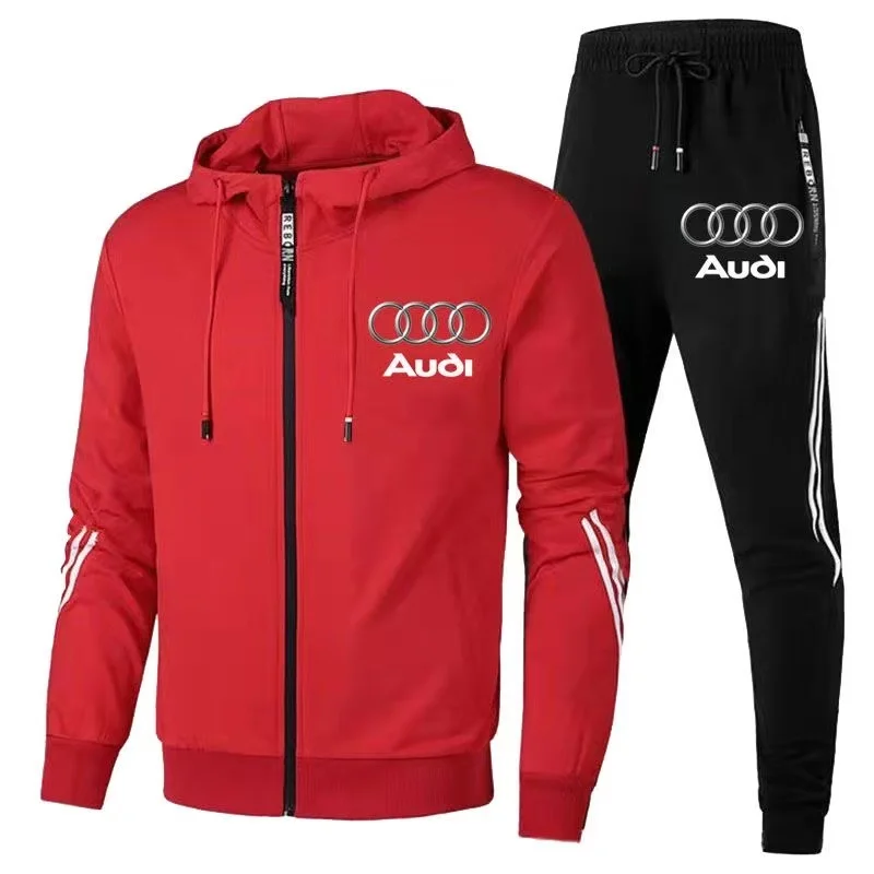 2026 new hot selling Audi hoodie set men's Korean version slim fit trendy jacket long sleeved sports loose casual zipper set