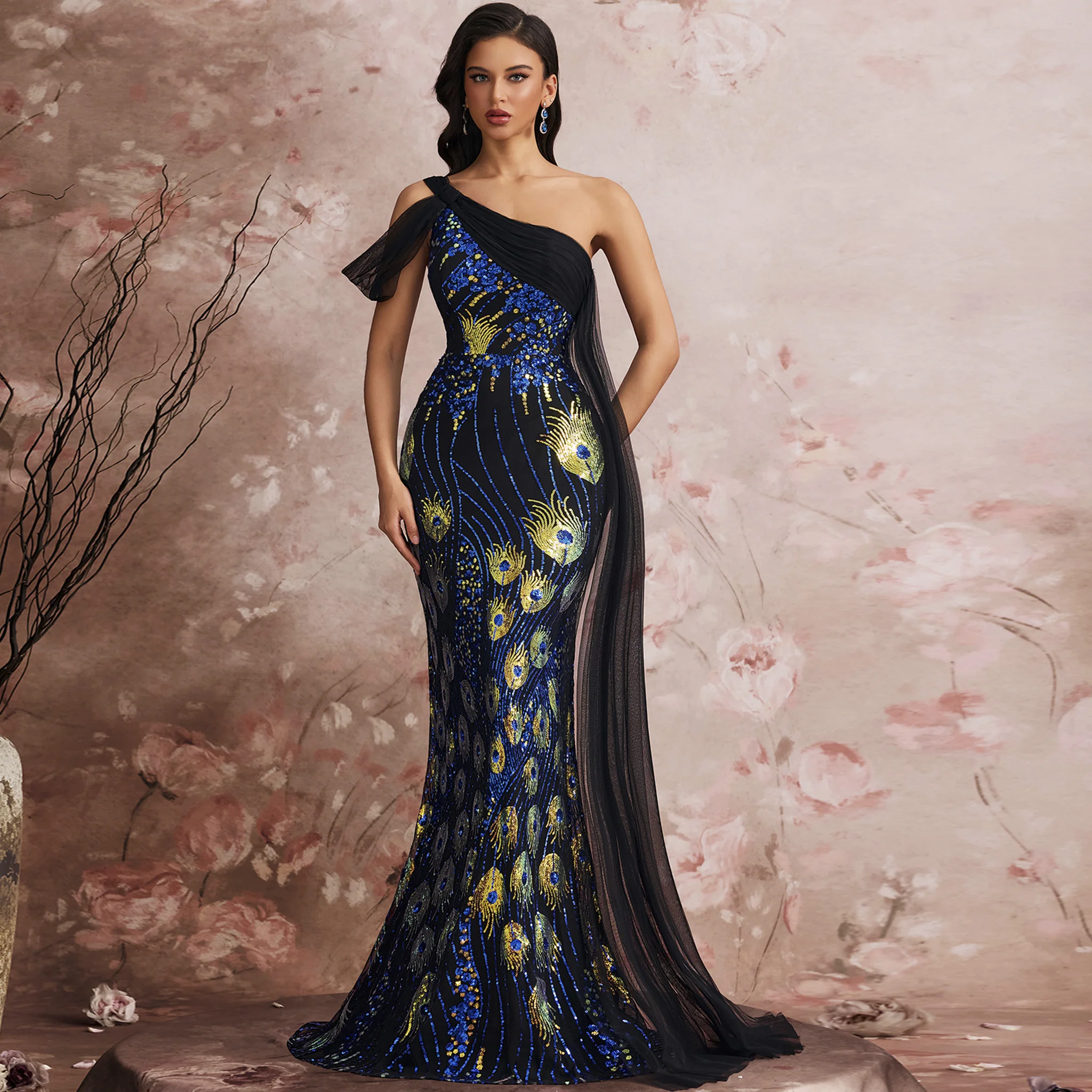 Rosymae One-Shoulder Pailletten Feestjurk Glinsterende Pauwpatroon Lint Accent Verhoogde Avond Cocktail Gala