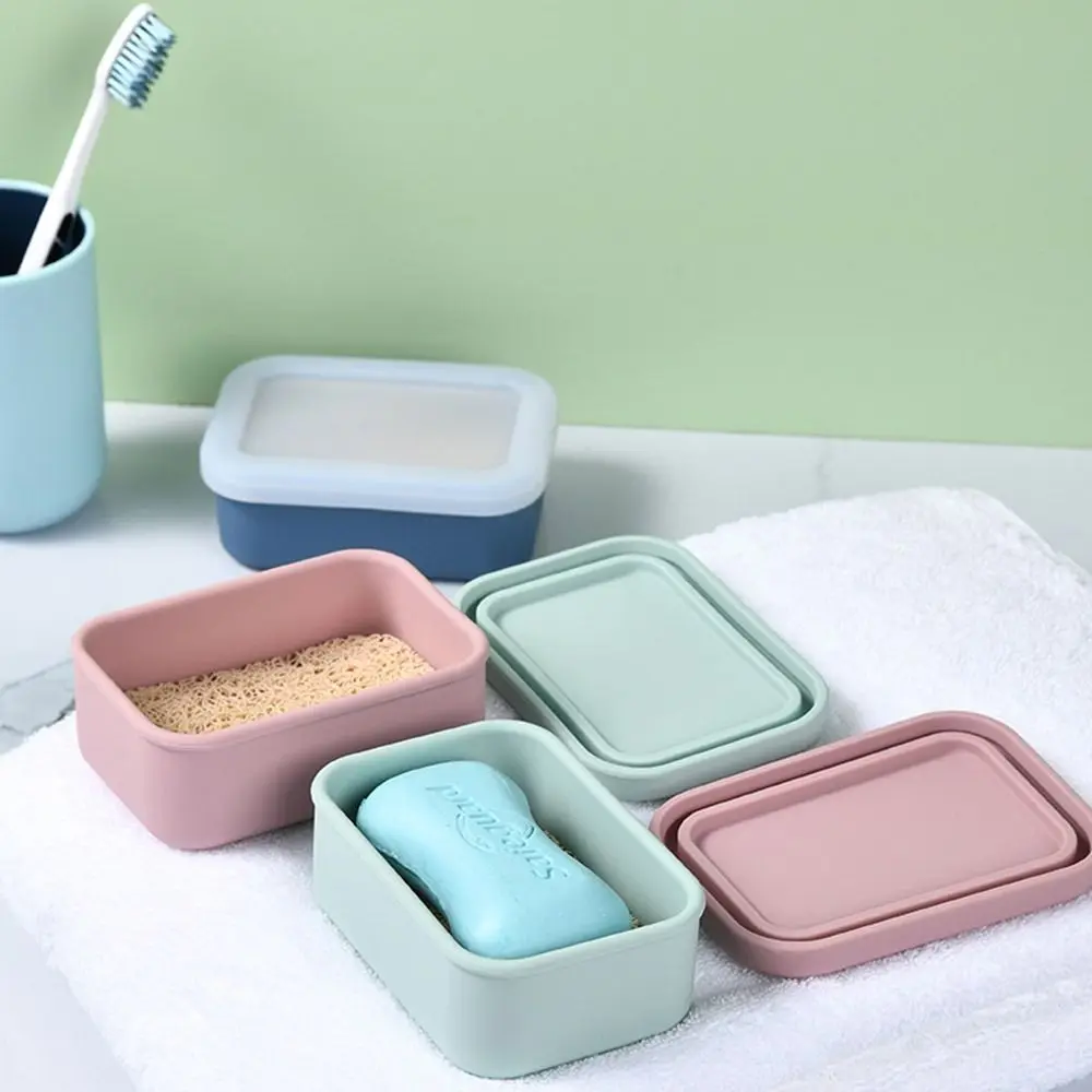 Multifunction Square Travel Soap Box with Lid Self Draining Drain Soap Dish High Quality Silicone Storage Box Bathroom Use