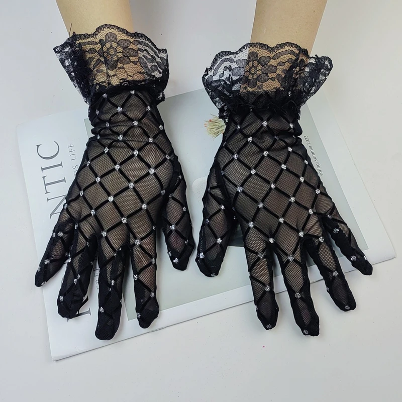 Sexy Kant Strass Handschoenen Halloween Zwart Mesh Elegante Korte Vrouwen Handschoenen Glanzende Diamanten Wanten Kostuum Voor Bruids