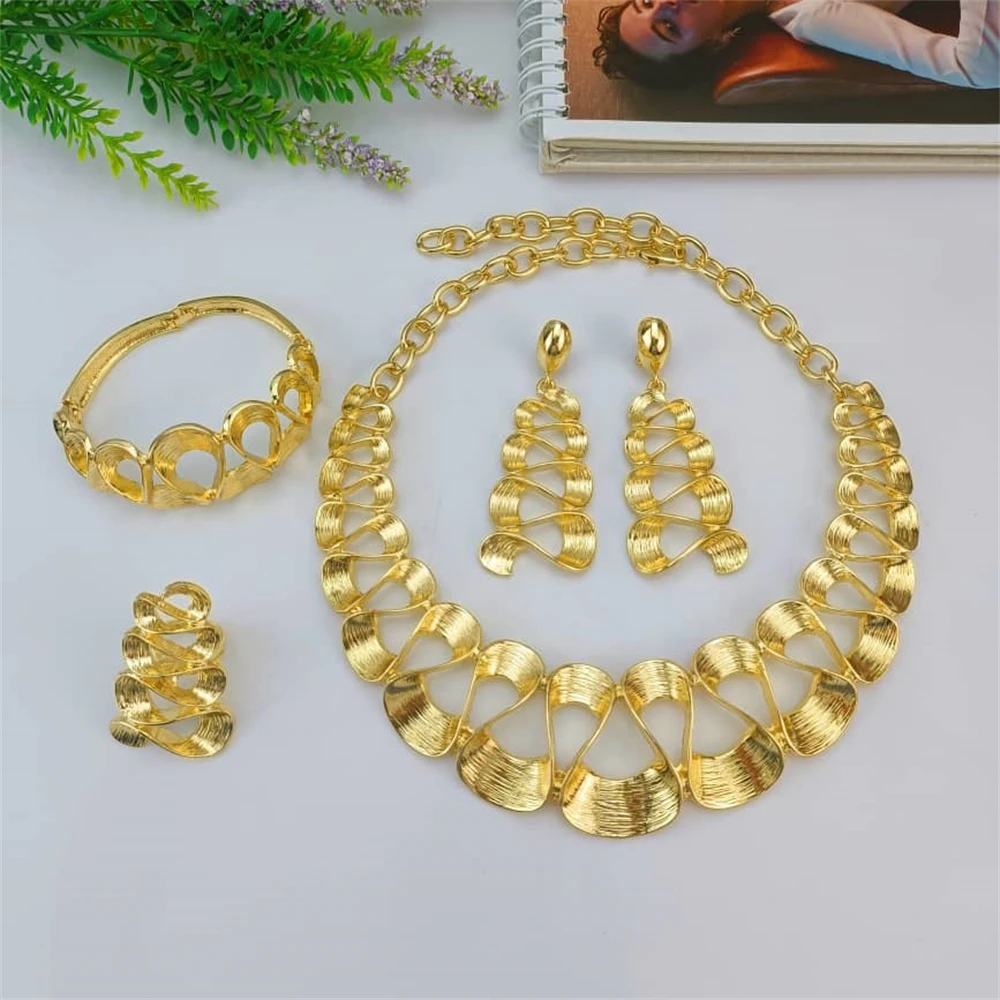 EMMA Women Necklace Earrings Ring Bracelet Jewelry Set Bud Pendant Gold Plated Luxury Nigeria Dubai Gold Jewelry Set