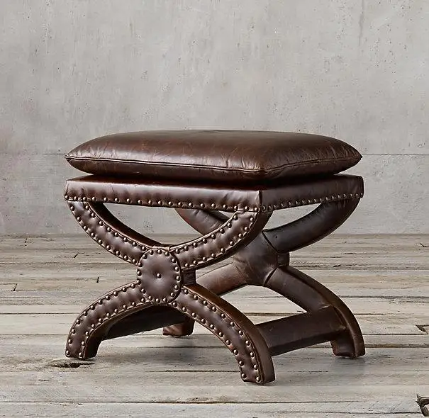 

American original single French country retro solid wood leather bedside stool simple makeup British solid wood shoe changing