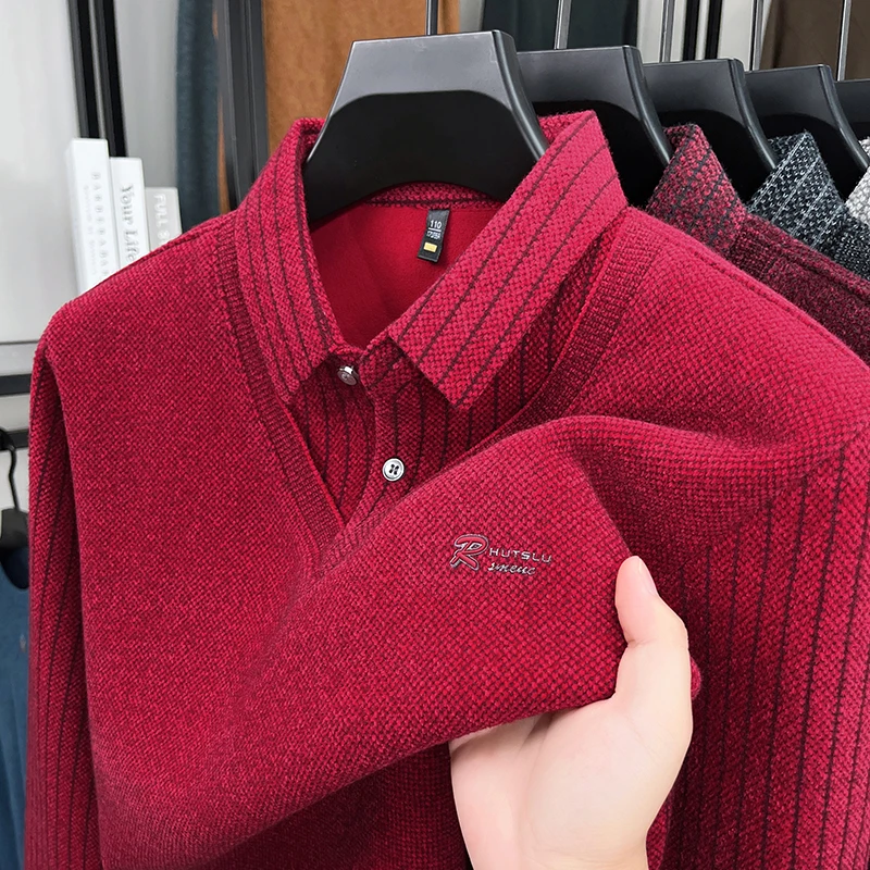Maglieria in due pezzi finta a maniche lunghe con risvolto da uomo di marca originale Autunno Inverno Nuovo arrivo Addensare ricamato Abbigliamento da uomo caldo di moda