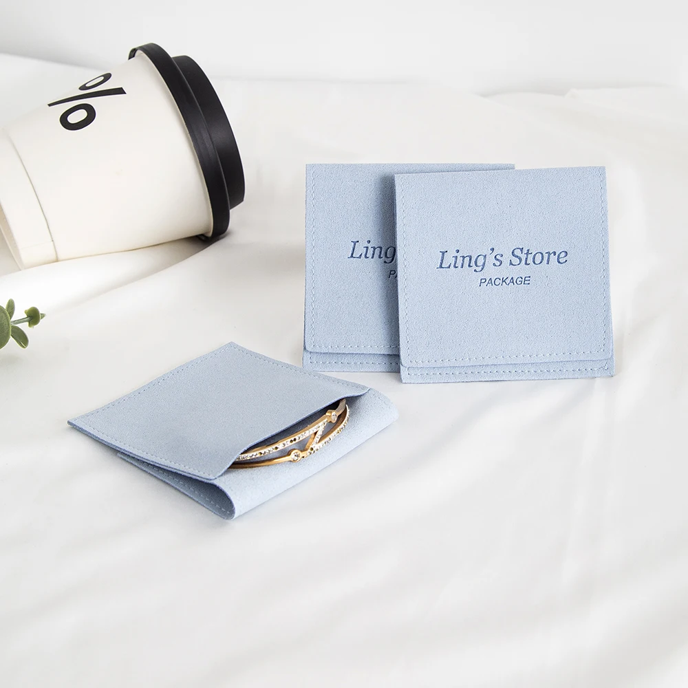 

100Pcs Light Blue Custom Logo Jewelry Microfiber Gift Bag Envelope Personalized Pouch Ring Earring Stud Organizer Wedding Favors