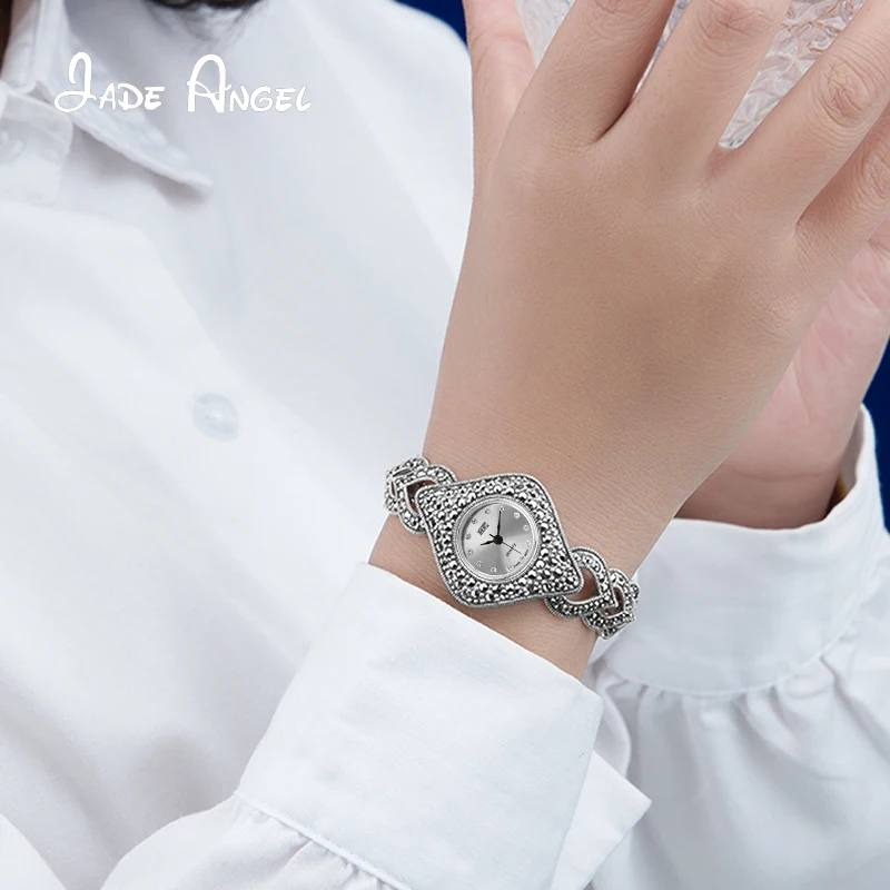 Jade Angel 925 Sterling Silver Marcasite Quartz Wristwatch Vintage Diamond-shaped Dial Watch Bracelet with 13mm Watch Strap