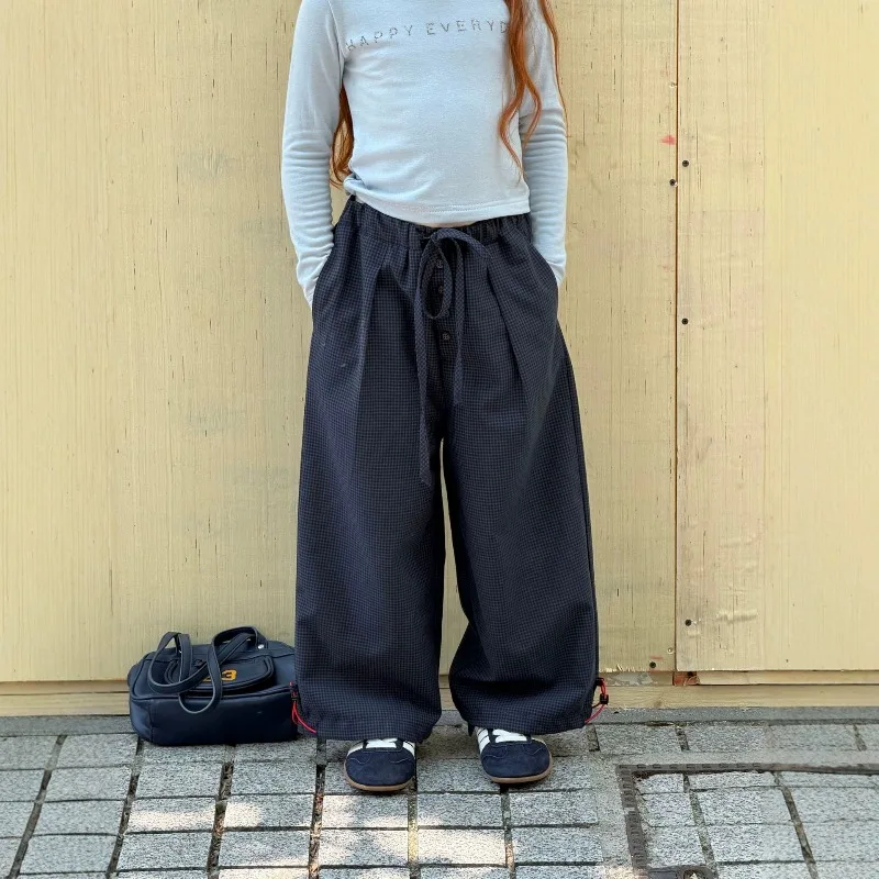 Children's Clothing 2026 Baby Girls New Spring Summer Autumn Navy Blue Simple Casual Plaid Work Pants