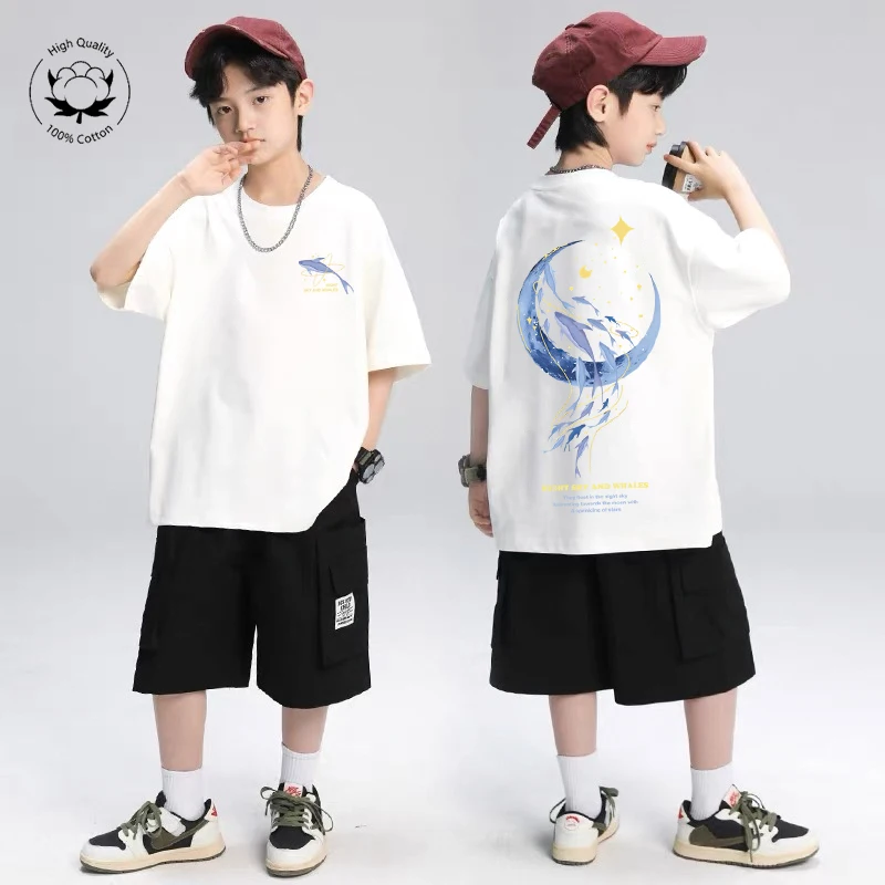 Korea Children's Clothes 2025 Summer T Shirts Whale Cartoon Pattern Tops Fashion Boys Short Sleeve Cotton Tees Girls Clothes