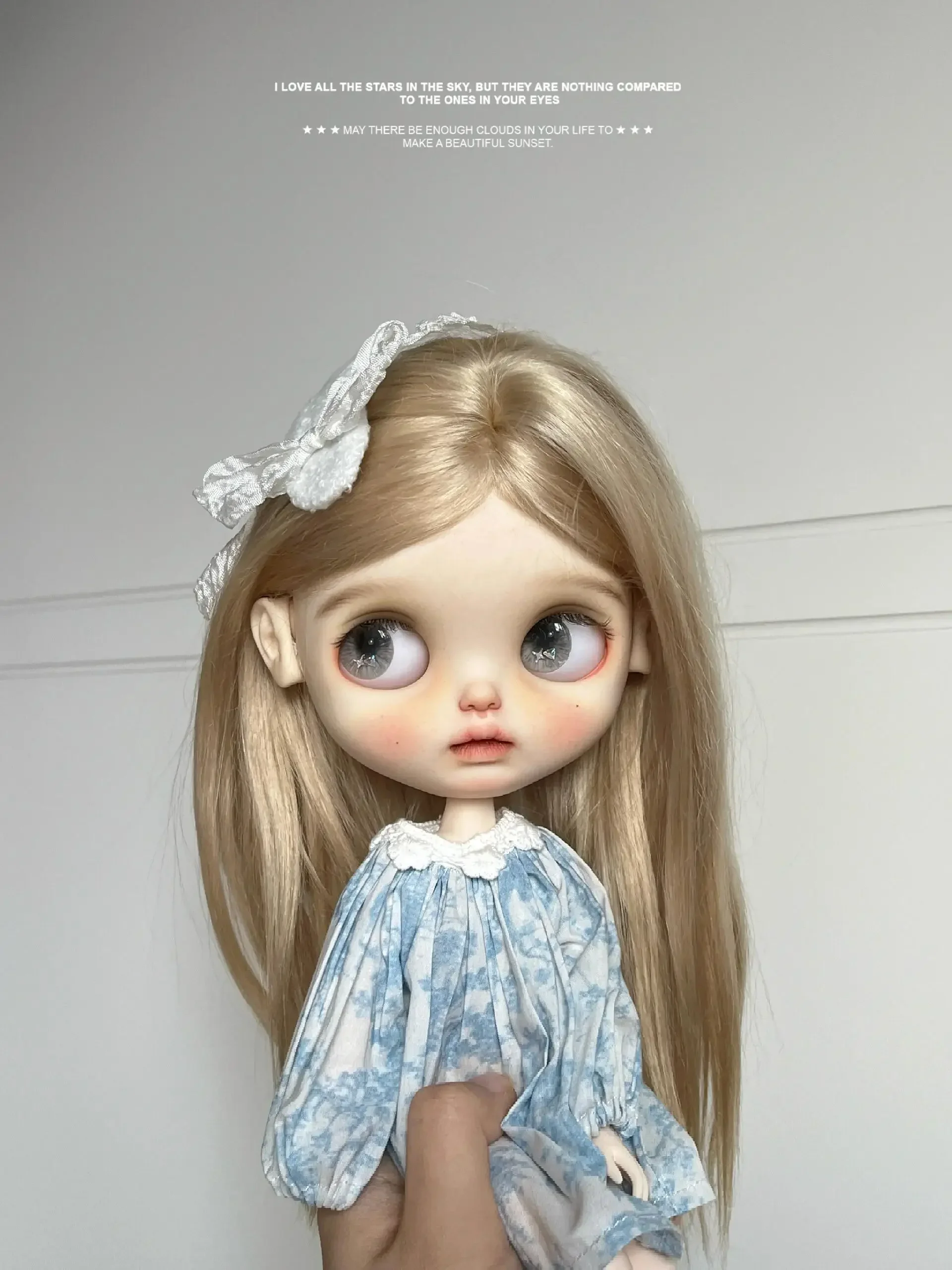 For Blythe Doll 30CM Doll Clothes OB24 Azone Long Sleeve Blue Floral Dress Lace Neck Bishop Sleeve Doll Dress Clothes Girl Gift