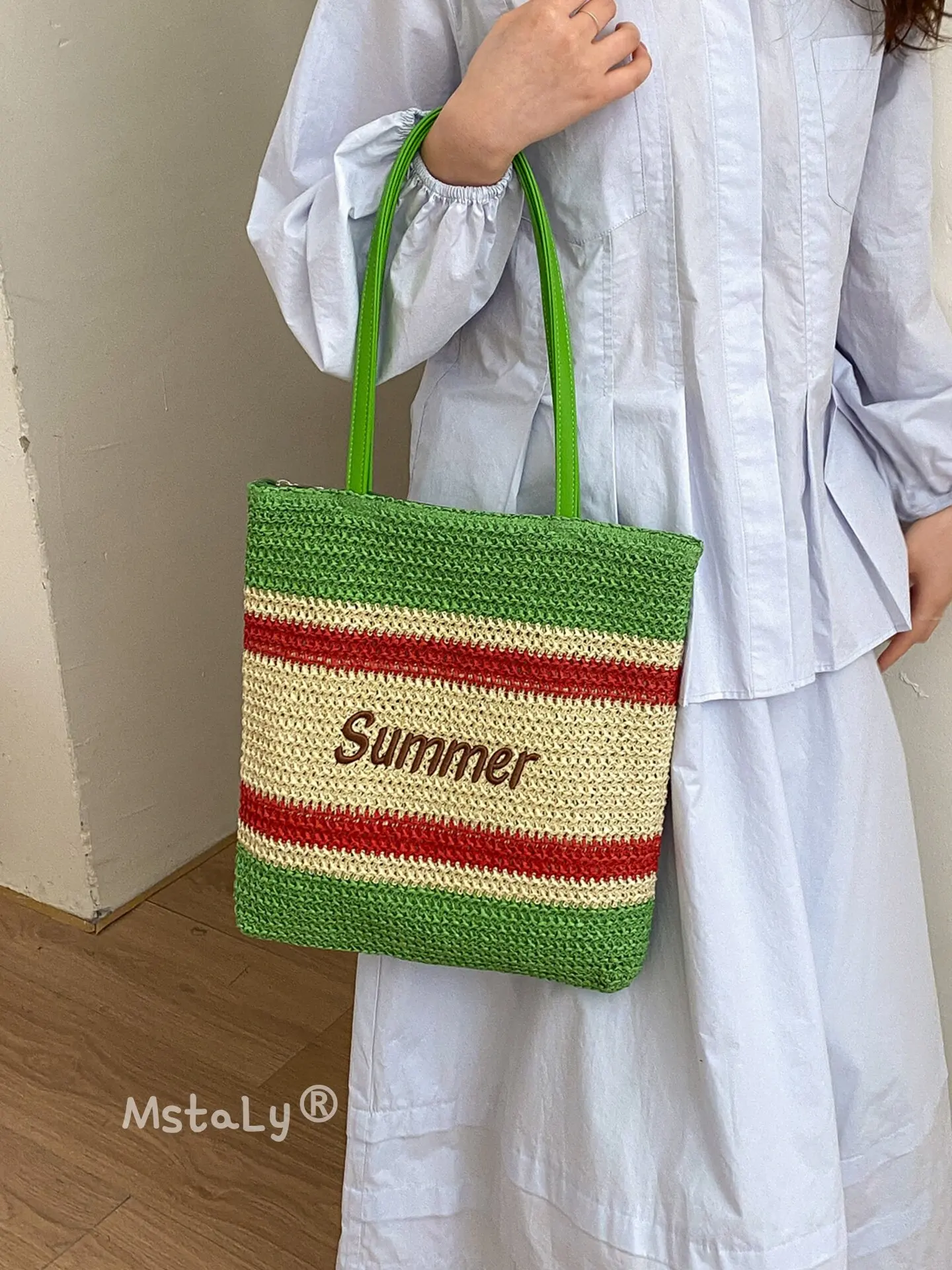 

Color Blocking Stripe Woven Handbags For Women Summer Large Capacity Casual Shoulder Bag Beach Vacation Casual Tote Bags