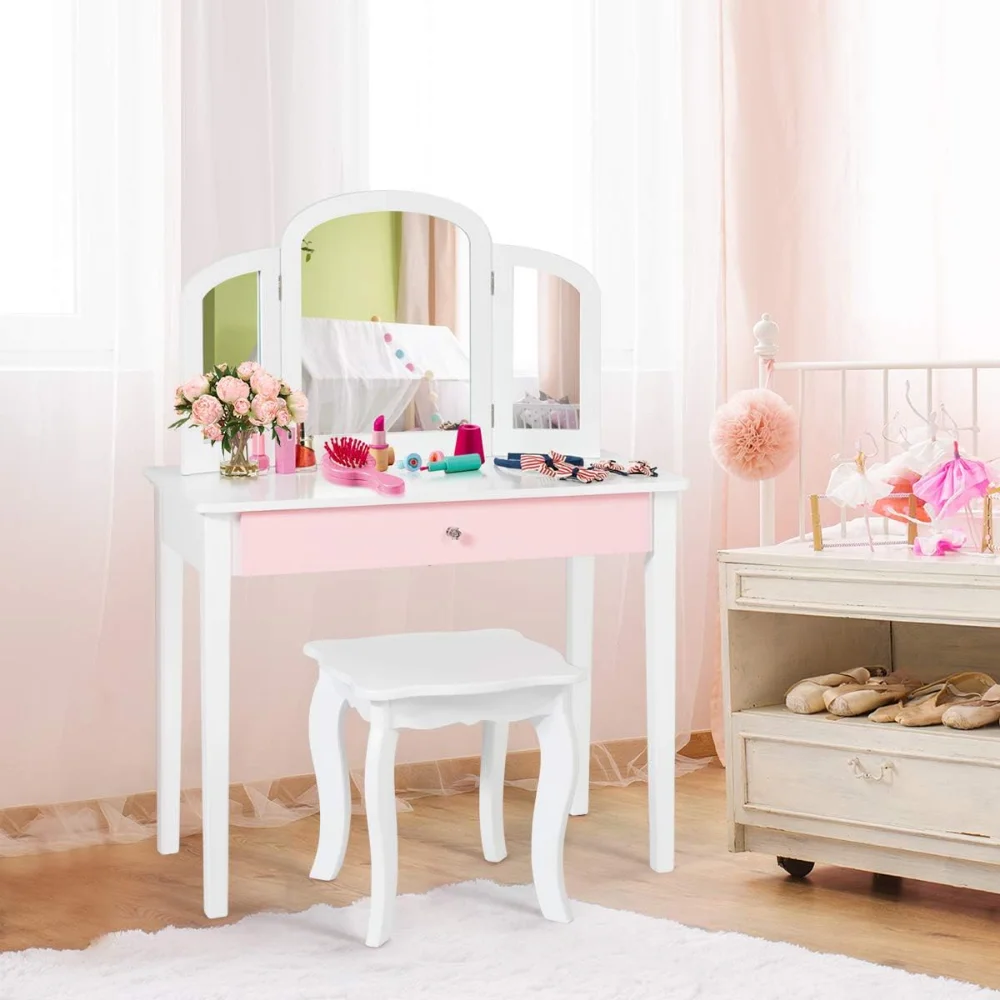 

Kids Vanity Table, Princess Makeup Dressing Table with Drawer & Tri-Folding Mirror, 2-in-1 Vanity Set with Detachable