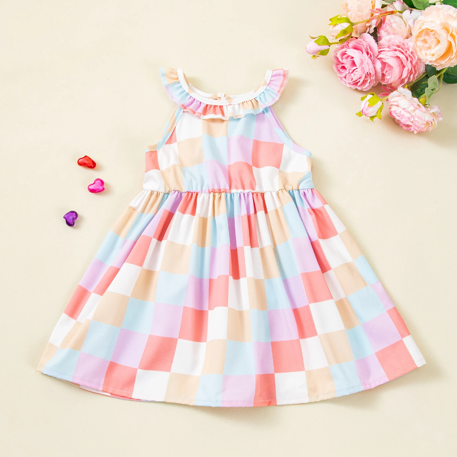 

Baby Girl Summer Princess Dress Sleeveless Checkered Print Casual Toddler A Line Dress for 0-24 Months