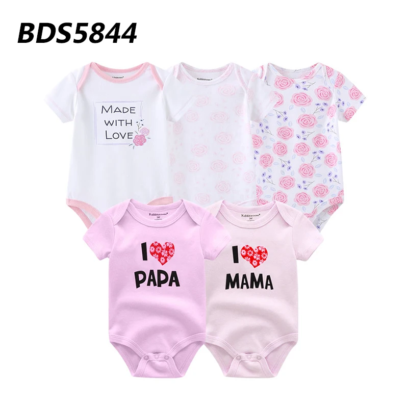 Soft Cotton Newborn 5 Pack Short Sleeve Bodysuits Cute Animal Stripe & I Love Papa Mama Print Baby Layering Jumpsuits